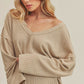Casey Top: Beige Ribbed Knit Off-Shoulder Sweater with V-Neck