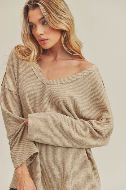 Casey Top: Beige Ribbed Knit Off-Shoulder Sweater with V-Neck