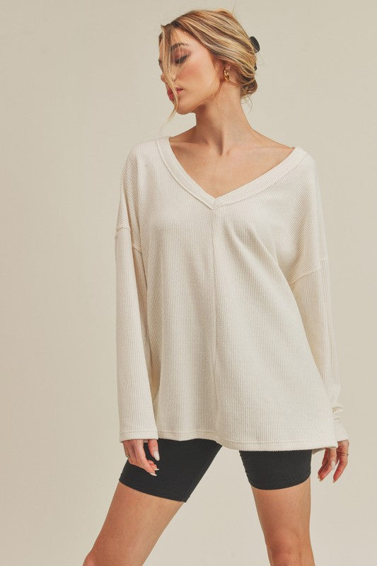 Casey Top: cream ribbed knit long-sleeve v-neck blouse