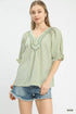 Sage green and white striped Umgee V-neck blouse with puff sleeves