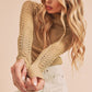 Aemi + Co mock neck knitted lace sleeve top in small, beige knit with openwork pattern