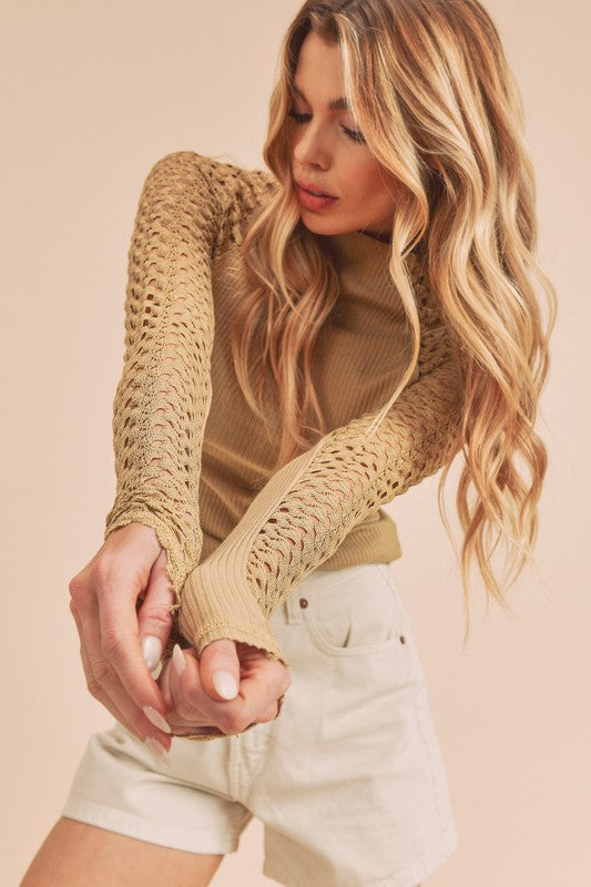 Aemi + Co mock neck knitted lace sleeve top in small, beige knit with openwork pattern