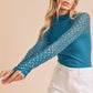Teal Aemi + Co mock neck top with ribbed body and lace sleeves, small