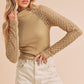 Aemi + Co mock neck beige ribbed knit top with crochet sleeves, small