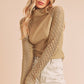 Beige ribbed Aemi + Co mock neck top with lace sleeves, small