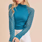Teal Aemi + Co mock neck knitted lace sleeve top, size small