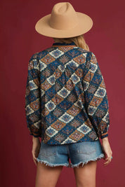 Umgee Abstract Print Ruffle Neck Top | Blouses Daverri Fashions