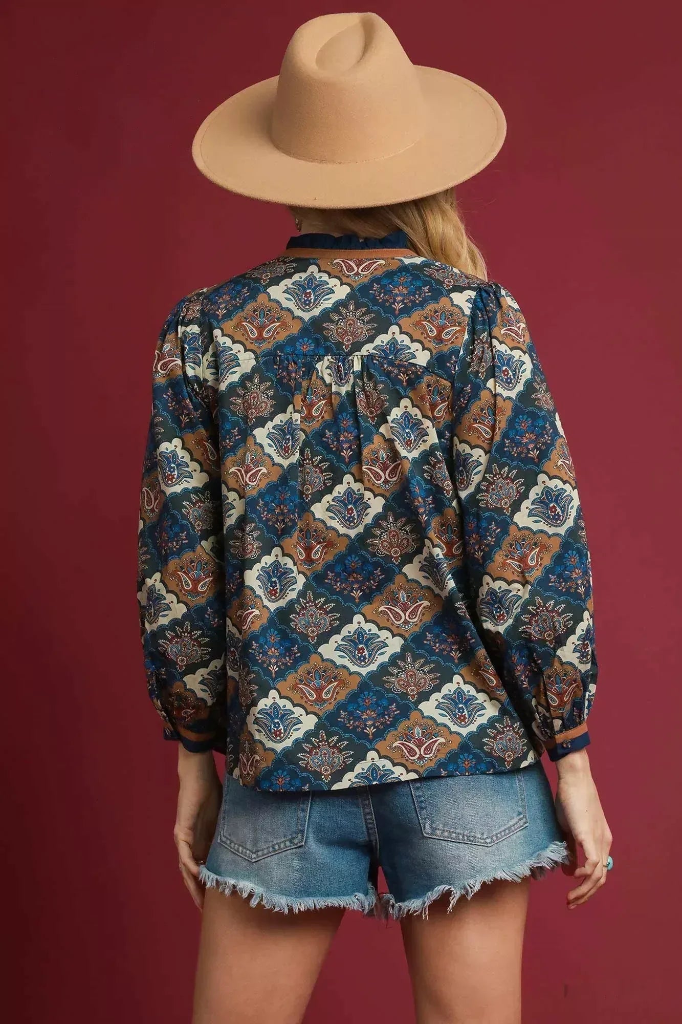 Umgee Abstract Print Ruffle Neck Top - DAVERRI FASHIONS