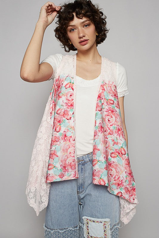 POL Lace Patchwork Floral Open Front Sleeveless Cardigan Pink Cardigans