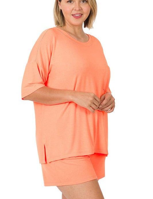 Plus Drop Shoulder Top & Drawstring Shorts Set NEON CORAL Outfit Sets