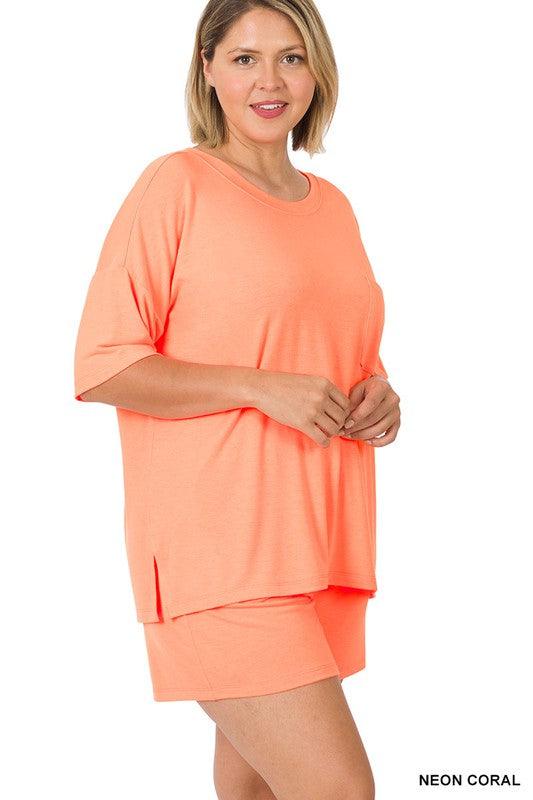 Plus Drop Shoulder Top & Drawstring Shorts Set NEON CORAL Outfit Sets