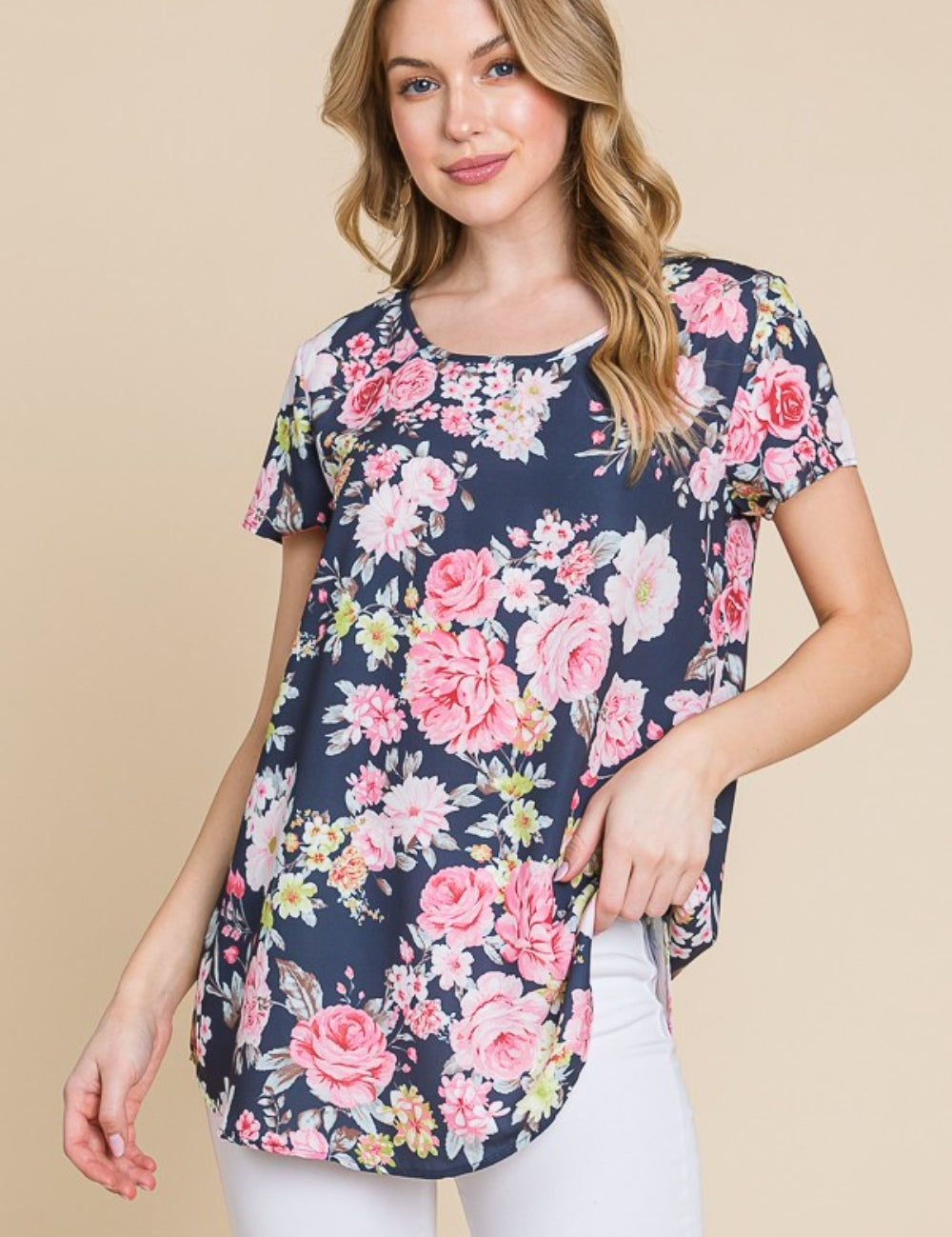Navy BOMBOM Floral Round Neck Short Sleeve T-Shirt | Daverri Fashions