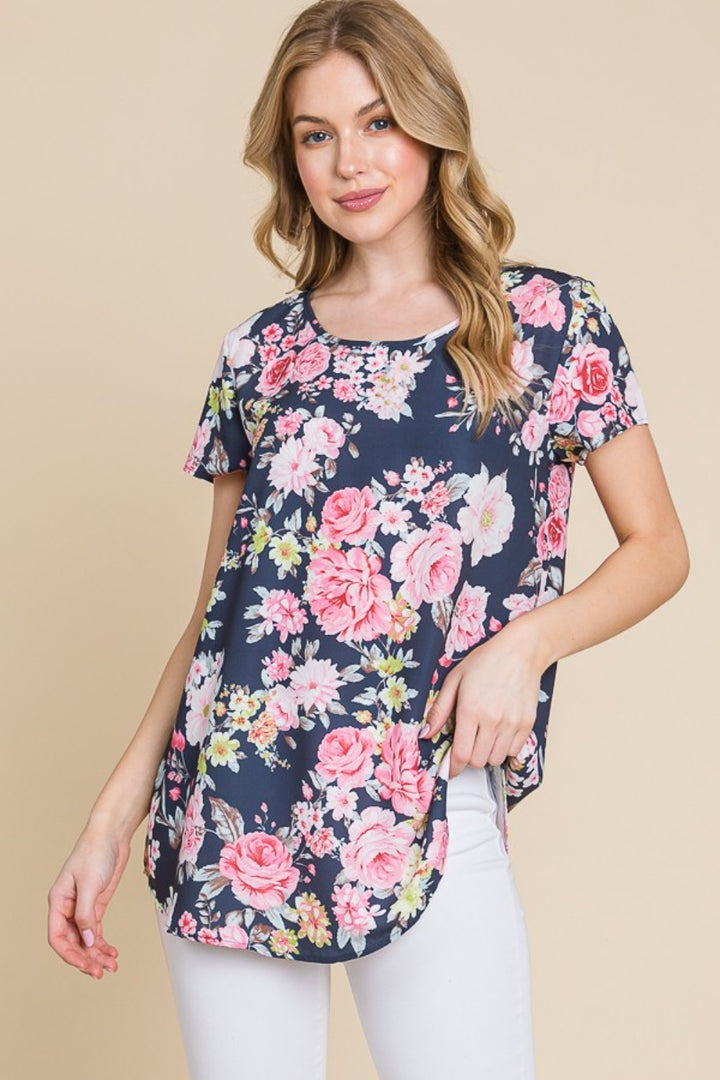 BOMBOM Floral Round Neck Short Sleeve T-Shirt Navy