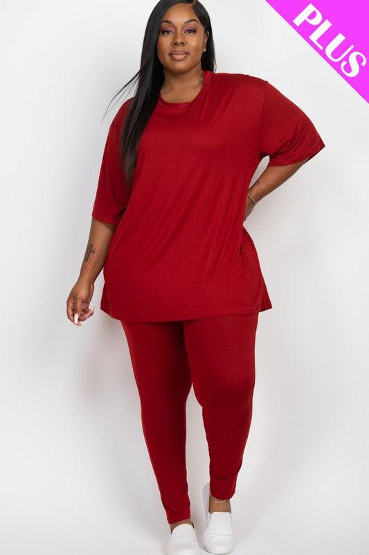 Plus Size Oversize T-Shirt & Leggings Set WINERY Outfit Sets