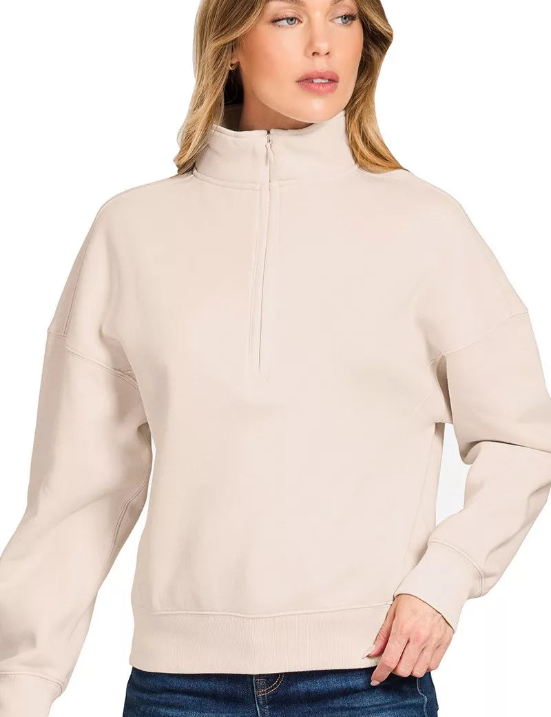 SAND BEIGE Zenana Fleece High Neck Half Zip Sweatshirt Sand Beige | Sweatshirts Daverri Fashions