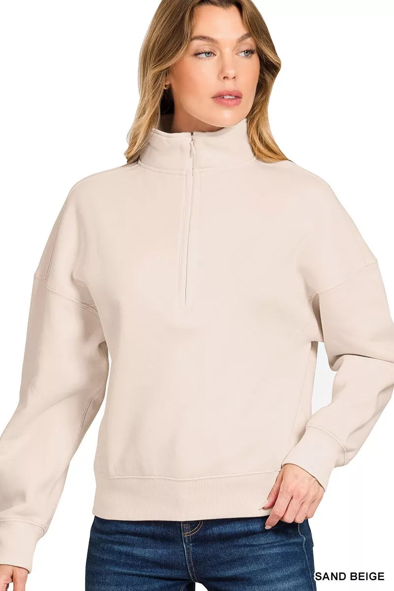SAND BEIGE Zenana Fleece High Neck Half Zip Sweatshirt Sand Beige | Sweatshirts Daverri Fashions