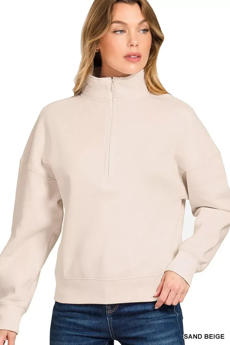 Zenana Fleece High Neck Half Zip Sweatshirt Sand Beige - DAVERRI FASHIONS