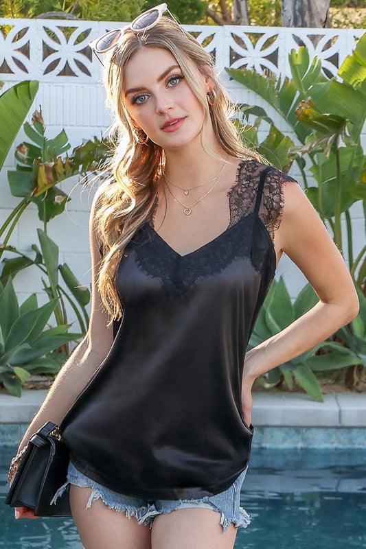 Eyelash Lace Silky Camisole Blouse BLACK Tank Tops