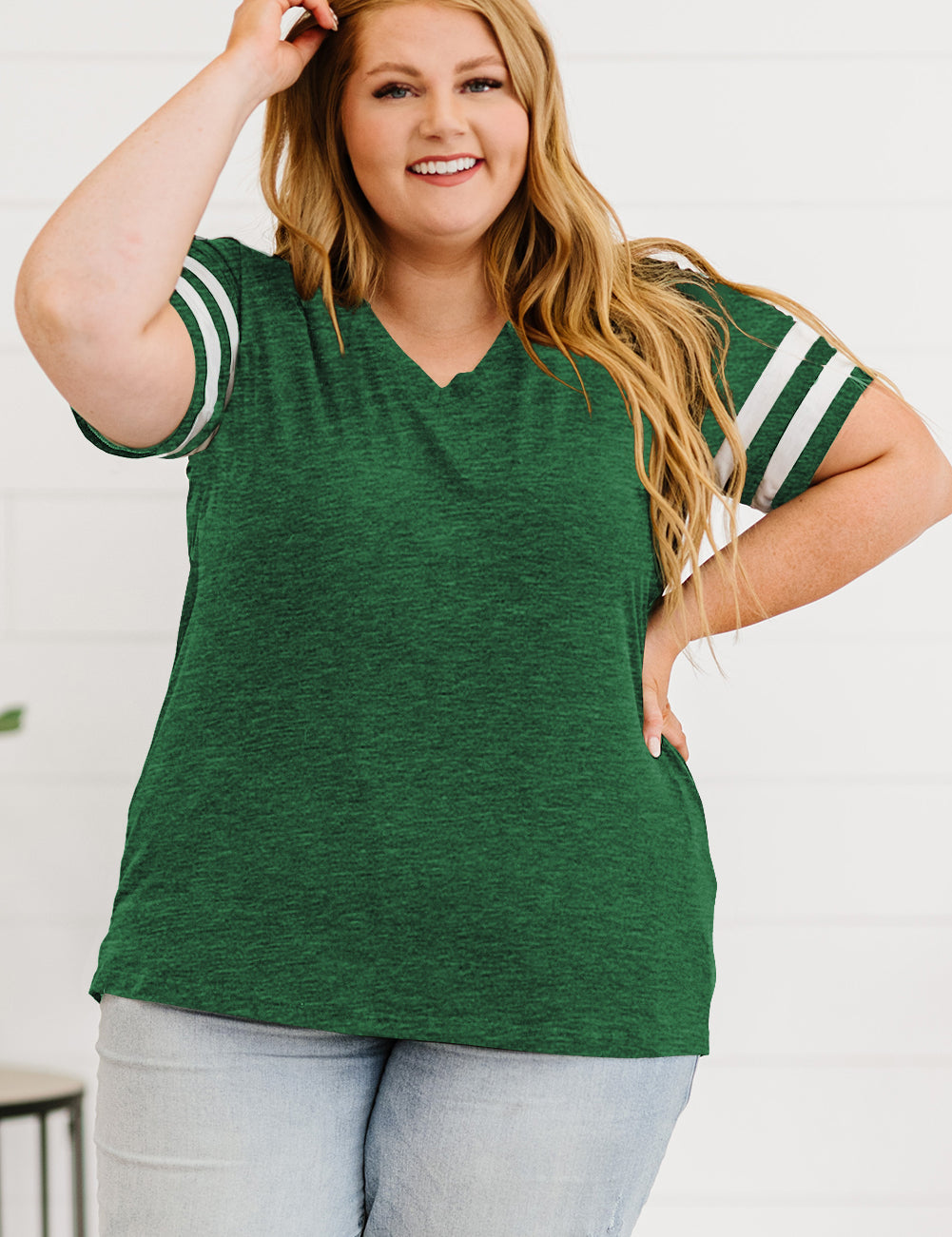 Forest Plus Size Striped V-Neck Tee Shirt | T-Shirts Daverri Fashions