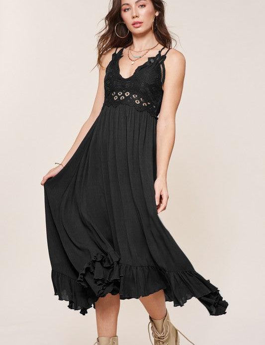 La Miel Crochet Lace Boho Maxi Dress BLACK L Maxi Dresses