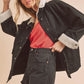 Aemi + Co black denim jacket with white shearling lining, large