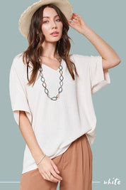 La Miel Short Sleeve V Neck Oversized Top WHITE M Tops