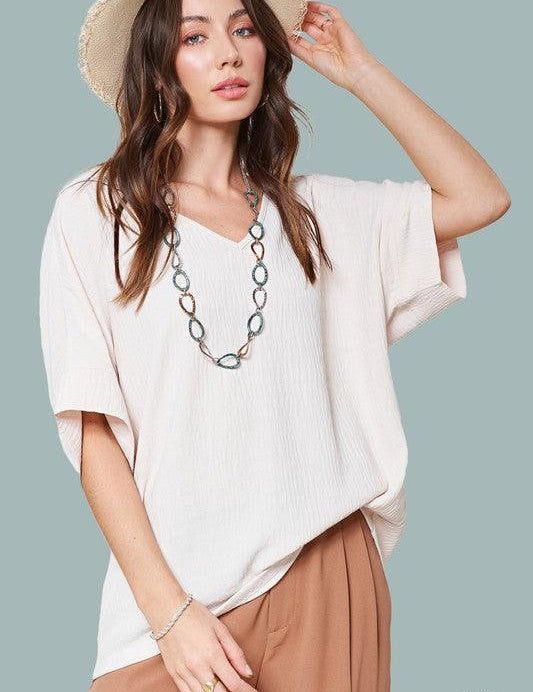 La Miel Short Sleeve V Neck Oversized Top WHITE M Tops