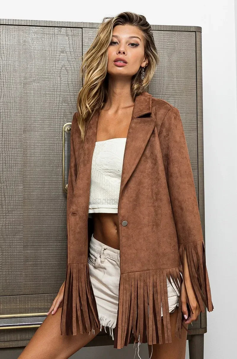 BiBi Single Blazer with Fringed Hem - DAVERRI FASHIONS