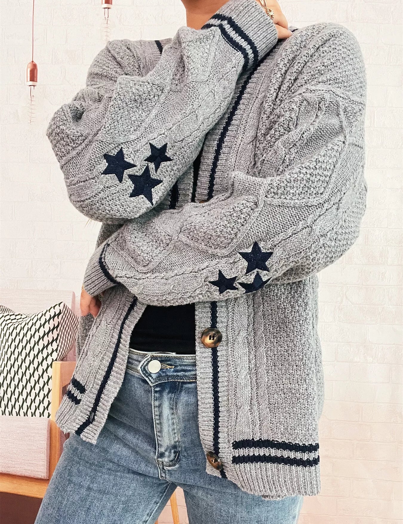 Star Pattern Button-Up Cardigan with Contrast Trim | Cardigans Daverri Fashions