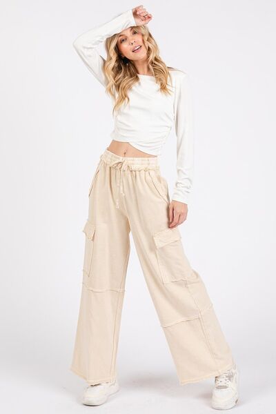 Mittoshop Mineral Wash Elastic Waist Cargo Wide Leg Pants