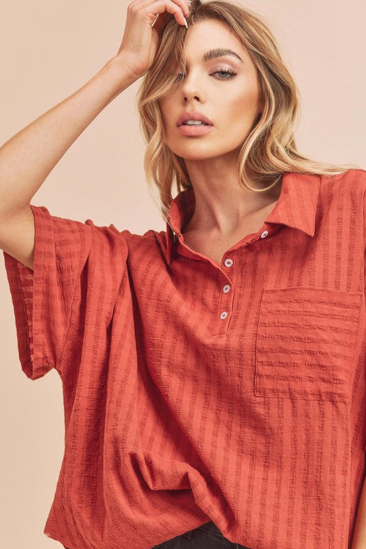 Rust-colored Aemi + Co relaxed fit half sleeve striped cotton top small