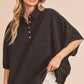 Black ribbed knit striped cotton blouse with sheer mesh hem