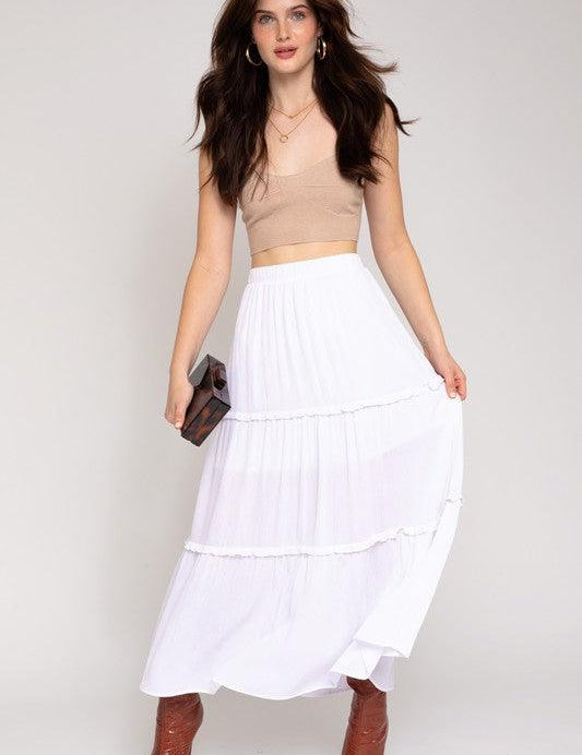 Elastic Waist Merrow Edge Tiered Midi Skirt White L Skirts