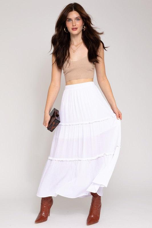 Elastic Waist Merrow Edge Tiered Midi Skirt White Skirts