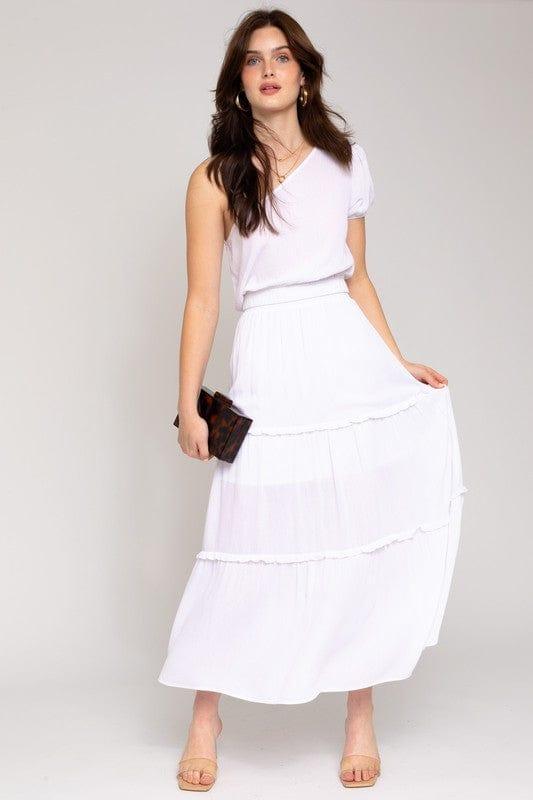 Elastic Waist Merrow Edge Tiered Midi Skirt Skirts