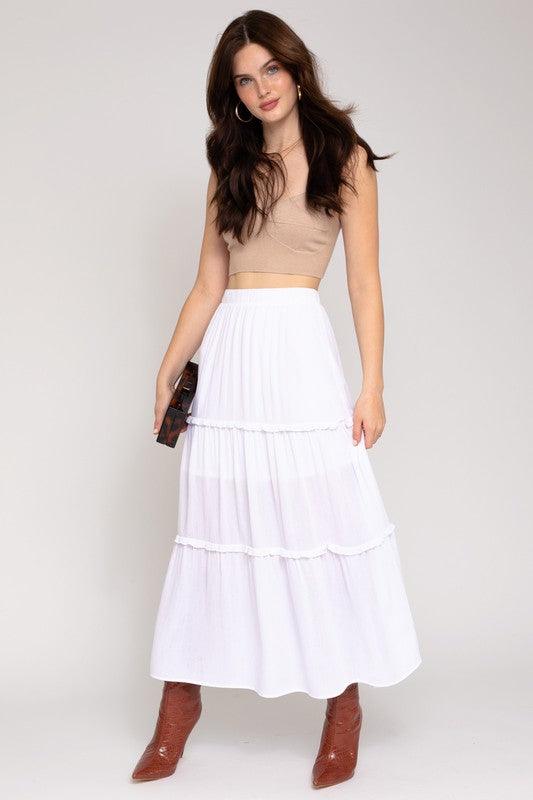 Elastic Waist Merrow Edge Tiered Midi Skirt Skirts