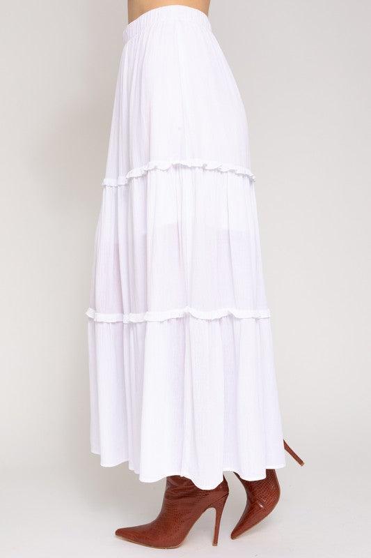 Elastic Waist Merrow Edge Tiered Midi Skirt Skirts