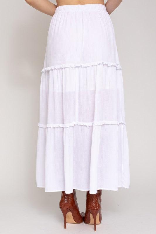 Elastic Waist Merrow Edge Tiered Midi Skirt Skirts