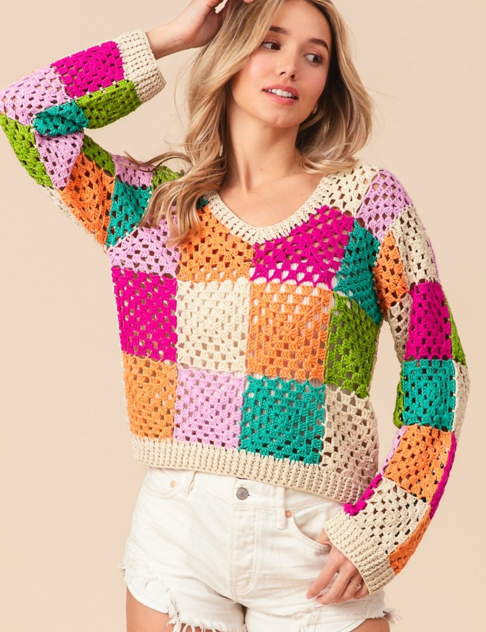 BiBi Multi Color Checkered Long Sleeve Knit Top Oatmeal Multi