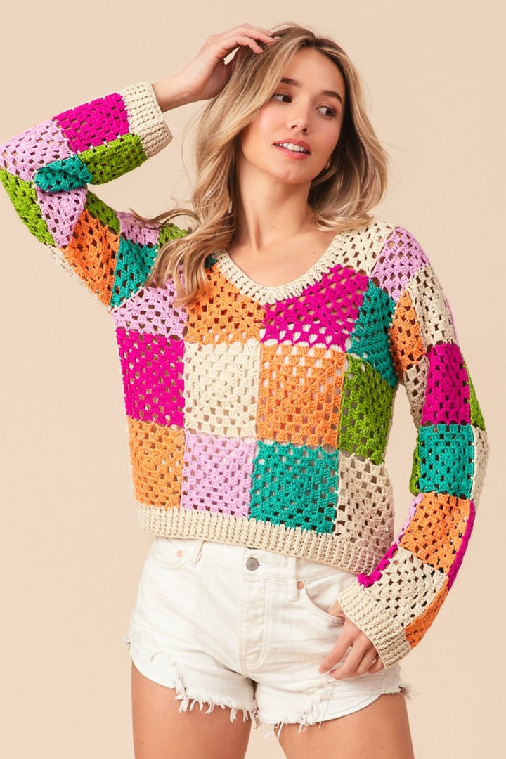 BiBi Multi Color Checkered Long Sleeve Knit Top Oatmeal Multi