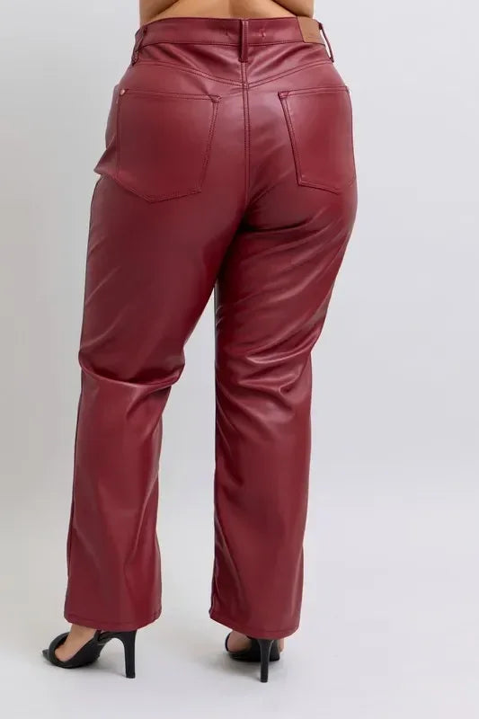Judy Blue High Waist Tummy Control Faux Leather Straight Pants Plus Size - DAVERRI FASHIONS