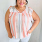 Coral & Light Blue Stripe Waffle Tie Neck Top - DAVERRI FASHIONS