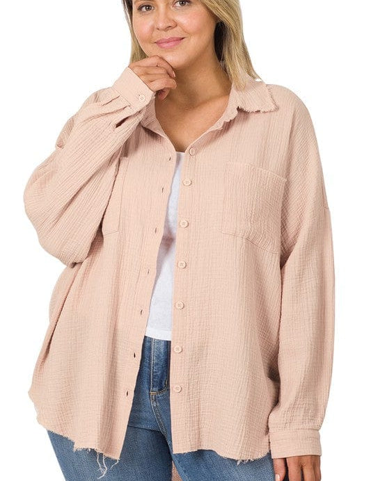 Plus Oversized Raw Edge Shirt DUSTY BLUSH Shirts & Tops