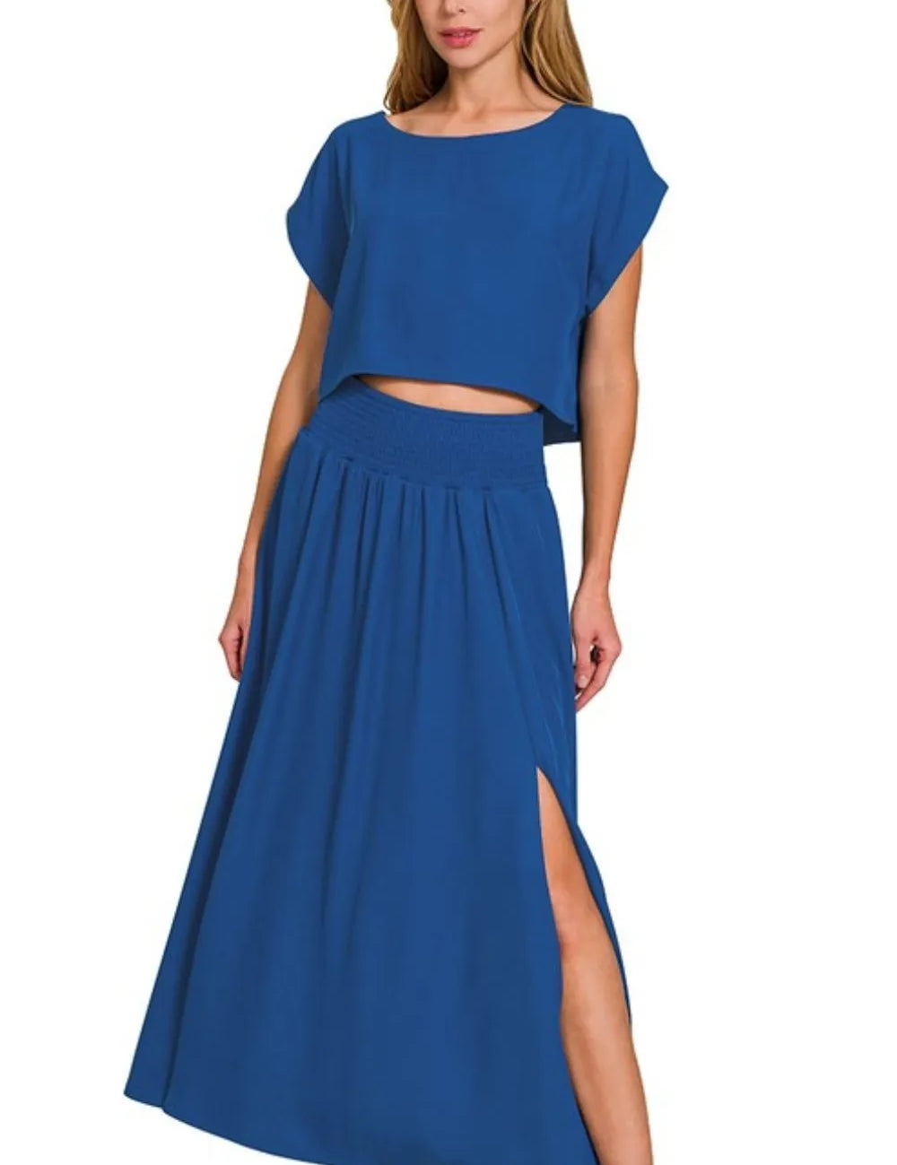 LT NAVY Zenana Heavy Woven Span Crop Tee & Skirt Set | Outfit Sets Daverri Fashions