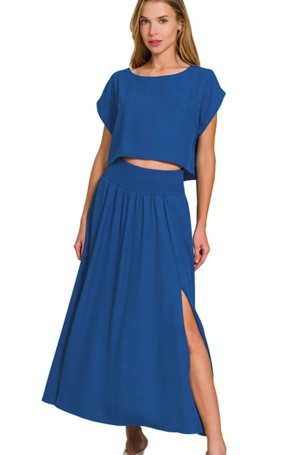 Zenana Heavy Woven Span Crop Tee & Skirt Set LT NAVY