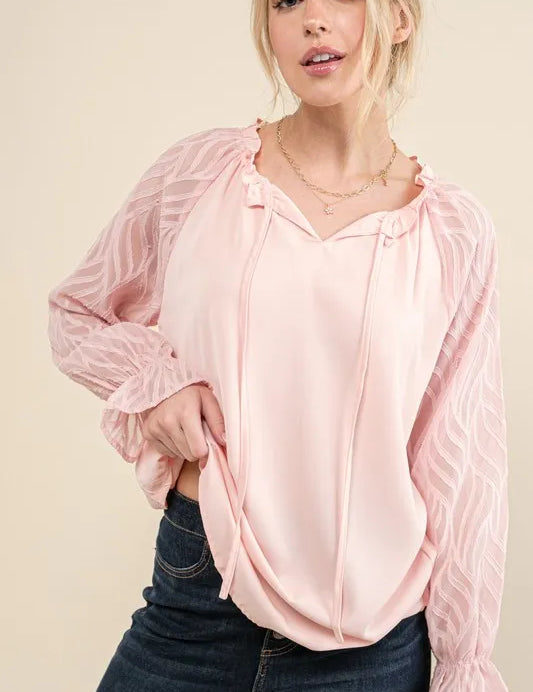 And The Why Leaves Shape Textured Sleeve Blouse | Blouses Daverri Fashions