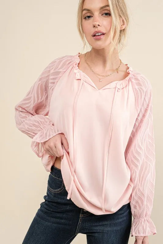 And The Why Leaves Shape Textured Sleeve Blouse Blouses