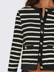 Striped Round Neck Button Up Long Sleeve Cardigan | Cardigans Daverri Fashions