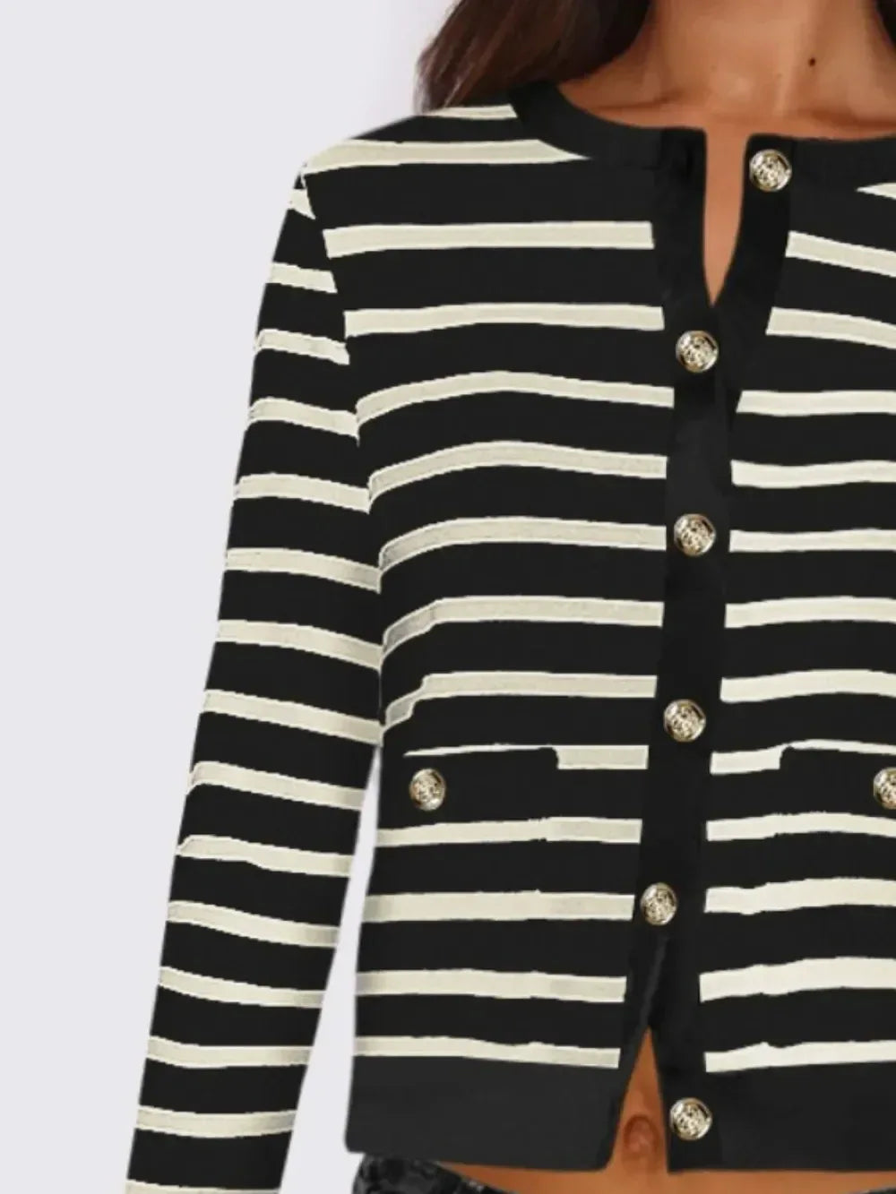 Striped Round Neck Button Up Long Sleeve Cardigan - DAVERRI FASHIONS