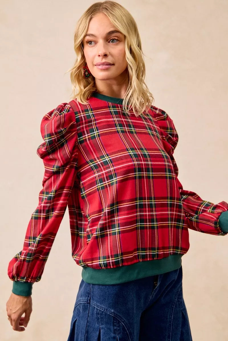 BiBi Christmas Plaid Exaggerated Shoulder Sleeves Top | Tops Daverri Fashions